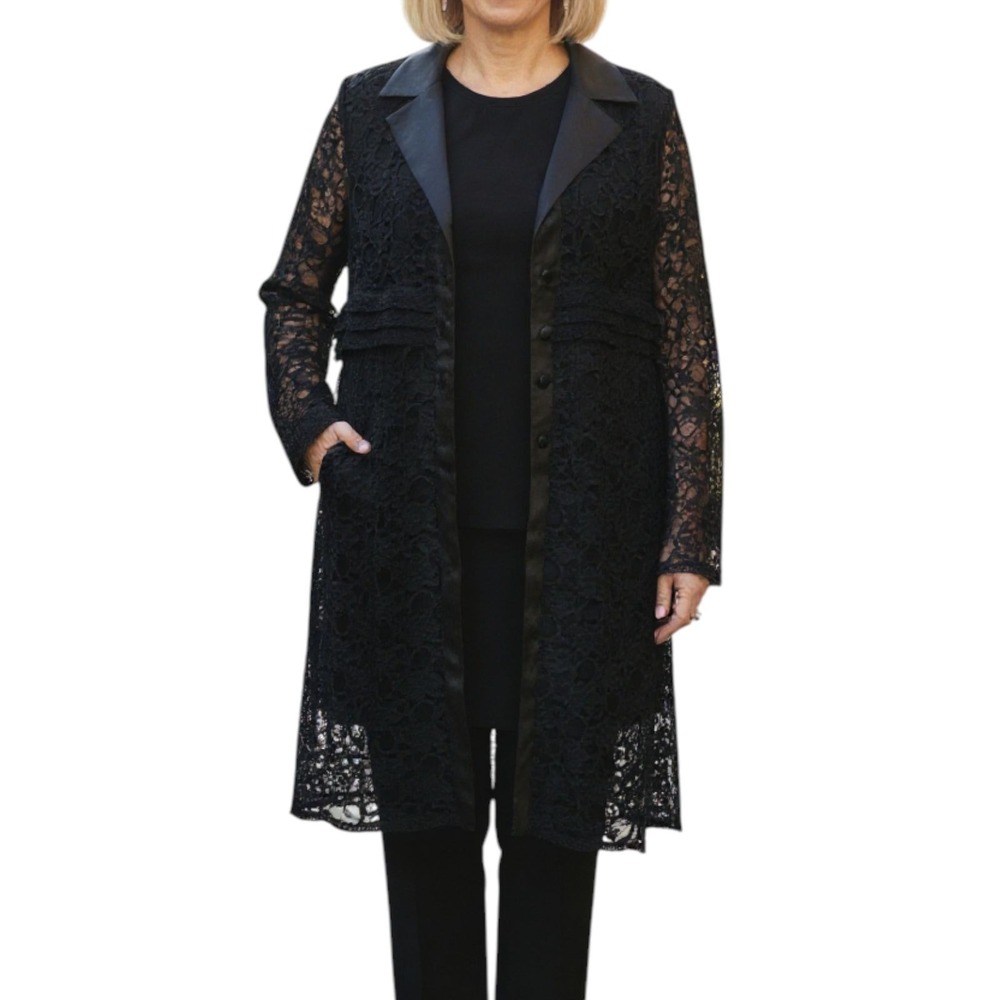 Susan Graver 2 PC Satin & Floral Lace Duster Jacket Event Career Navy XL NEW